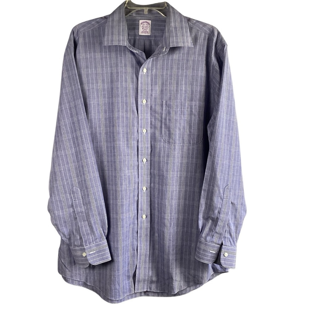 Brooks Brothers Mens Dress Shirt 16.5 34 Classic Plaid Purple Supima Cotton - Picture 1 of 8